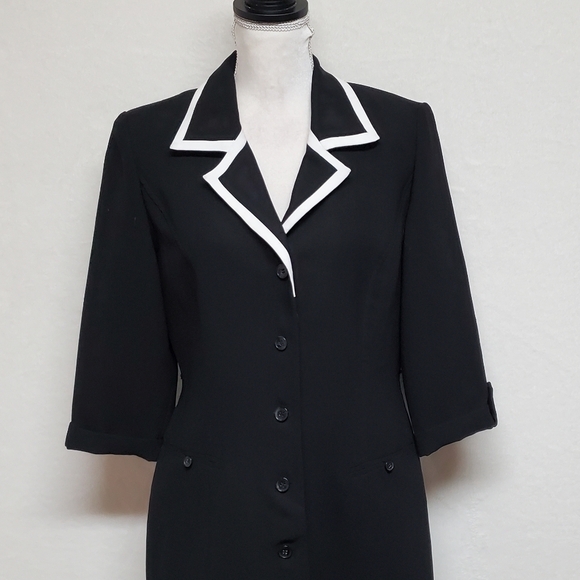 Vintage 80s Studio 1 Black White Trim Ruffle Hem Quarter Sleeve Trenchcoat Dress - Picture 5 of 13